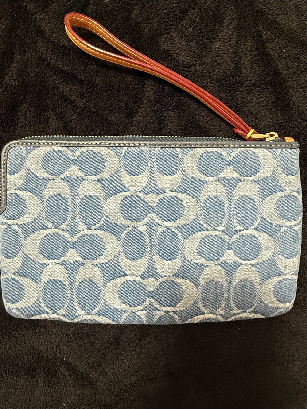 Coach Denim Signature Wristlet Clutch in Light Blue with Tan Strap - Picture 2 of 2